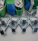 4x 5t green with reflective lines over tyre car trailer transporter tie down heavy duty ratchet straps.