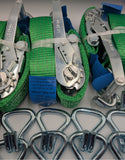 4x 5t green with reflective lines over tyre car trailer transporter tie down heavy duty ratchet straps.