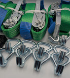 4x 5t green with reflective lines over tyre car trailer transporter tie down heavy duty ratchet straps.