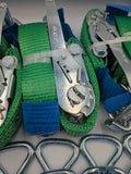 4x 5t green with reflective lines over tyre car trailer transporter tie down heavy duty ratchet straps.
