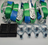 4x 5t green with reflective lines over tyre car trailer transporter tie down heavy duty ratchet straps.
