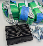 4x 5t green with reflective lines over tyre car trailer transporter tie down heavy duty ratchet straps.