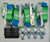 4x 5t green with reflective lines over tyre car trailer transporter tie down heavy duty ratchet straps.